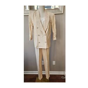 Vintage 80s Pinstripe Light Tan Suit Pants Jacket w/ Top Insert Women Sz 10